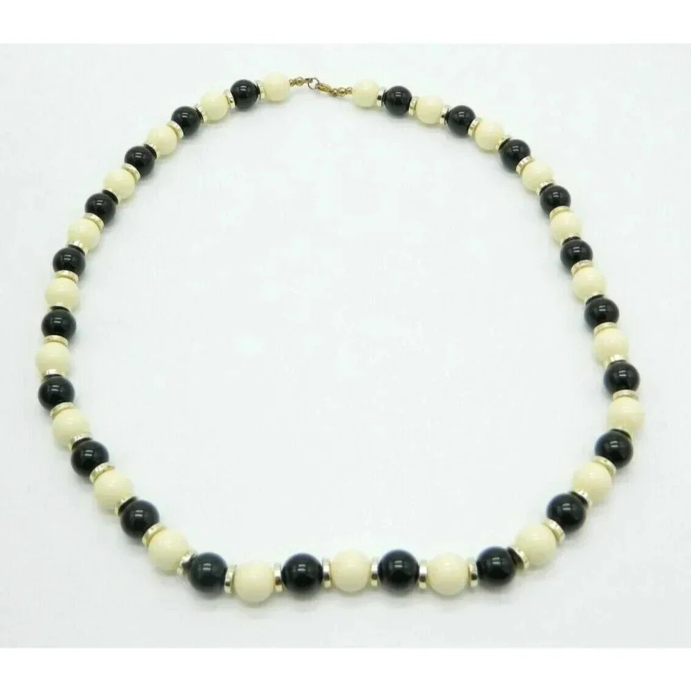 Black Cream Acrylic Bead Beaded Gold Tone Vintage Choker Necklace